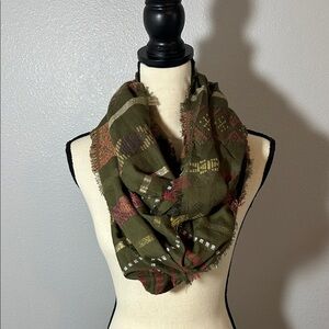 Maurices Olive and Red Patterned Infinity Scarf with Metallic Gold Accents